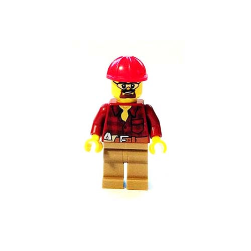 레고 피규어 시티 건설 노동자 Flannel Shirt with Pocket and Belt, Dark Tan Legs, Red Construction Helmet, Safety Goggles