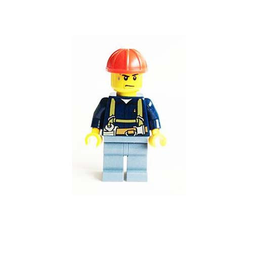레고 피규어 시티 공사장 인부 Construction Worker - Shirt with Harness and Wrench, Sand Blue Legs, Red Construction Helmet, Sweat Drops