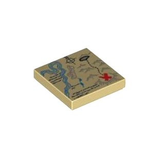 레고 부품 프린팅 지도 탠색 Tan Tile 2 x 2 with Groove with Map River, Dark Tan Mountains, Handwriting and Red &#039;X&#039; Pattern 4524449