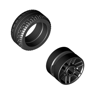 레고 부품 자동차 타이어 휠 결합 상품 Black Tire 21mm x 9.9mm / Black Wheel 14mm D. x 9.9mm with Center Groove, Fake Bolts and 6 Double Spokes 6029208 6288175