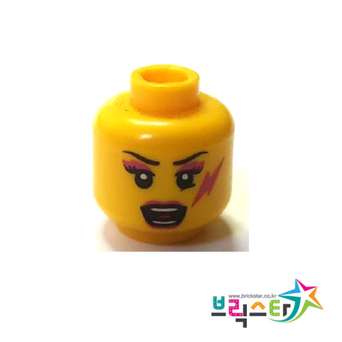 레고 부품 피규어 머리 다크 핑크 화장 여성 얼굴 Yellow Minifigure, Head Female with Dark Pink Lips, Eye Shadow and Lightning Bolt, Open Mouth Pattern