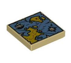 레고 부품 보물 지도 탠색 Tile 2 x 2 with Groove with Map Blue Water, Yellow Land, Black Pirate Ship, Compass Rose, White Skeleton Head and Red &#039;X&#039; Pattern 6100077